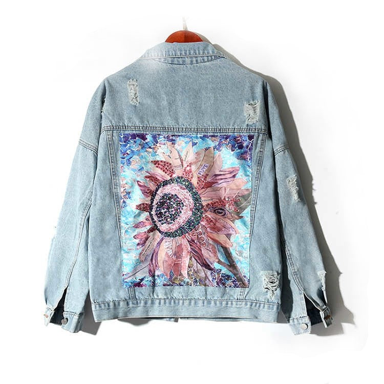 Damska kurtka jeansowa z ozdobnymi plecami-Bombardina.pl