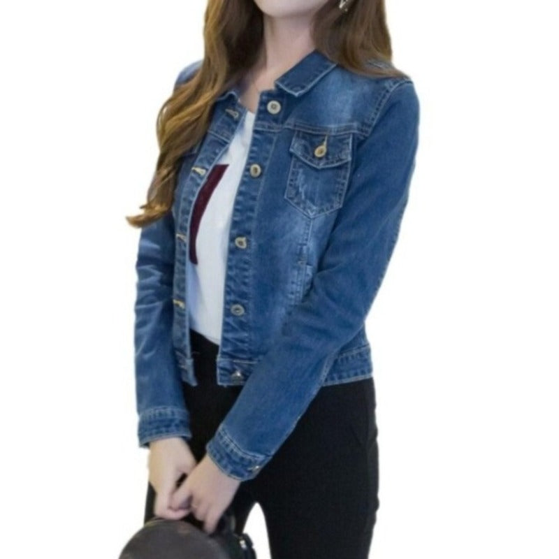 Damska kurtka jeansowa z przetarciami-Bombardina.pl