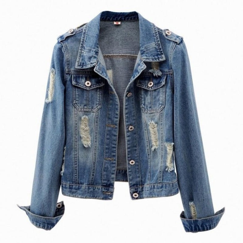 Damska kurtka jeansowa z przetarciami-Bombardina.pl