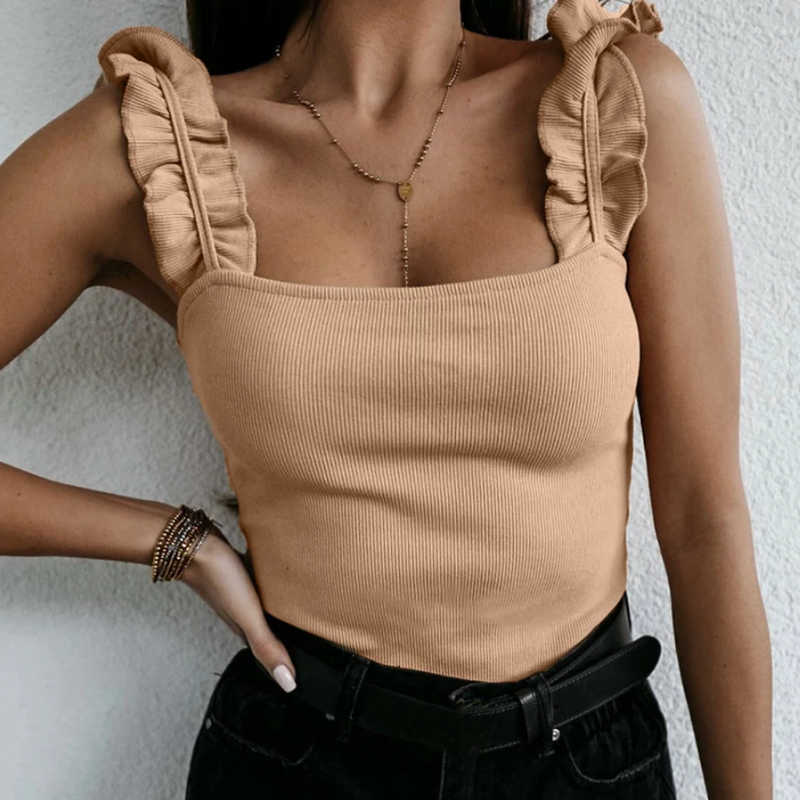 Tank top damski z falbanką na ramiączkach-Bombardina.pl