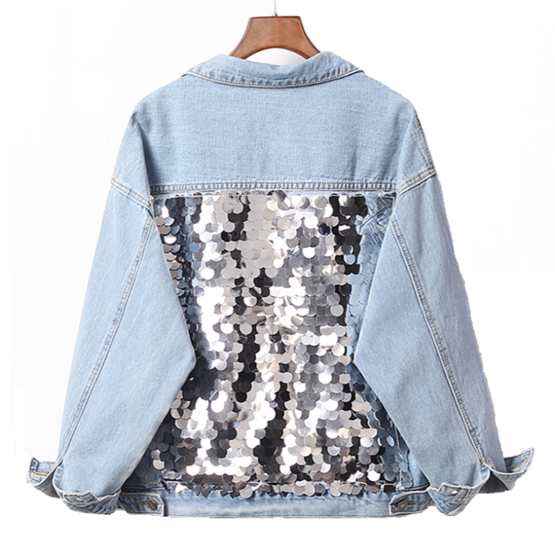 Damska kurtka jeansowa z cekinami na plecach-Bombardina.pl