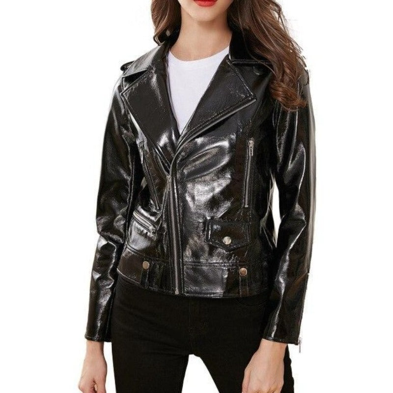 Damska kurtka skórzana z połyskującego materiału-Bombardina.pl