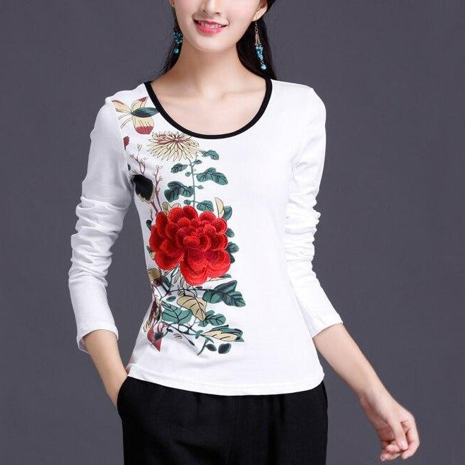 Koszulka z długim rękawem damska w kwiaty-Bombardina.pl