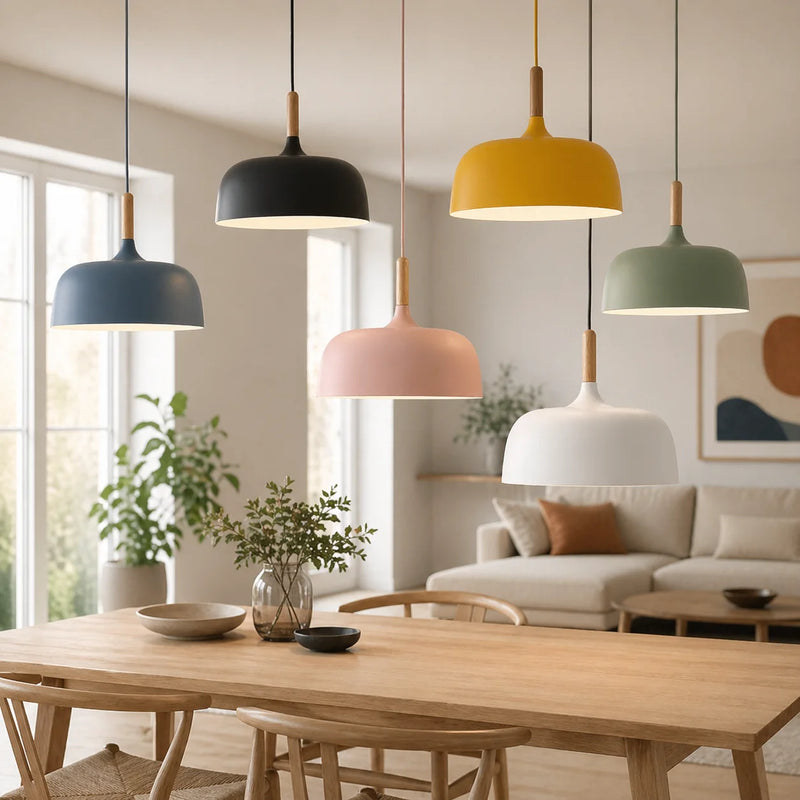 Nowoczesna metalowa lampa wisząca z drewnianym akcentem