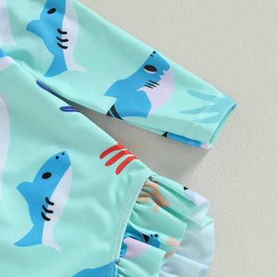 Jednoczęściowy strój kąpielowy dla dziewczynki w rekiny z długim rękawem