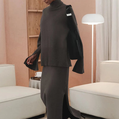 Dzianinowy komplet damski elegancki – golf oversize i długa spódnica midi