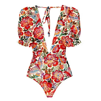 Jednoczęściowy strój kąpielowy monokini z krótkim rękawem w kwiaty