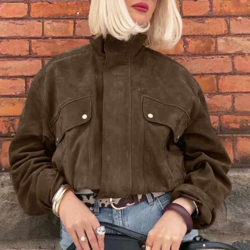 Jesienna kurtka damska bomber – krótka, elegancka ze stójką