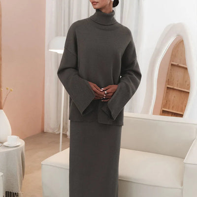 Dzianinowy komplet damski elegancki – golf oversize i długa spódnica midi