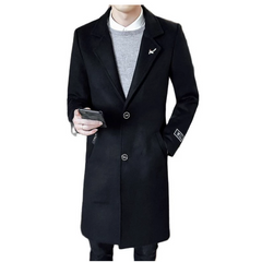 Długi płaszcz męski z ozdobą na kołnierzu